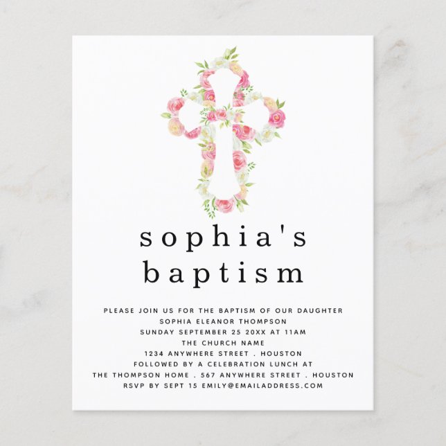PAPER Pink Florals Cross Baptism Invitation Flyer (Front)