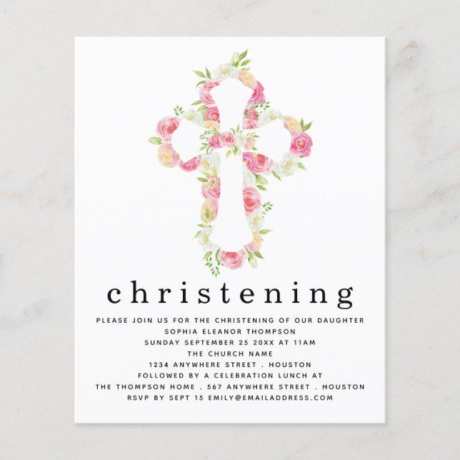 PAPER Pink Florals Cross Christening Invitation (Front)