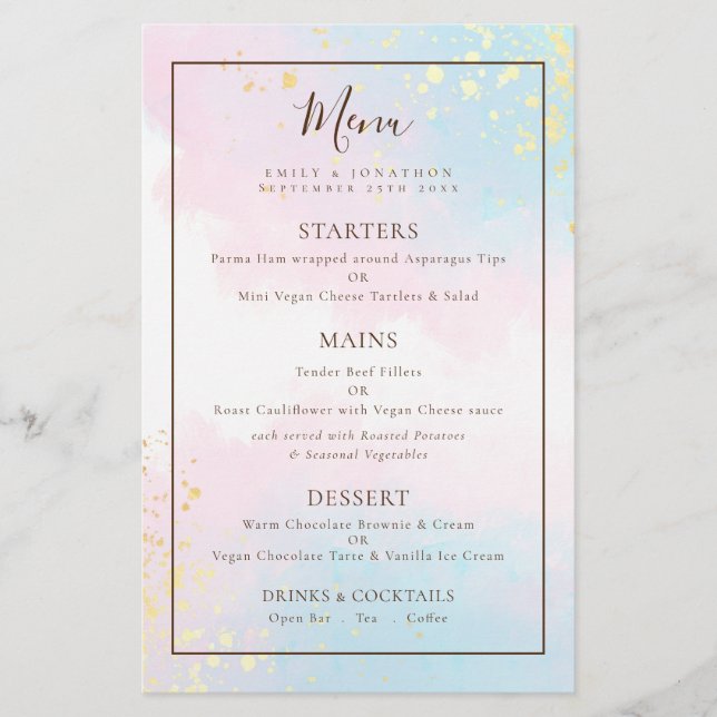 PAPER | Pink Teal Watercolors Wedding Menu  (Front)