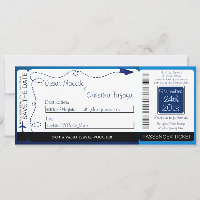 Paper Plane Flyin Boarding Pass Wedding Invitation (Front)
