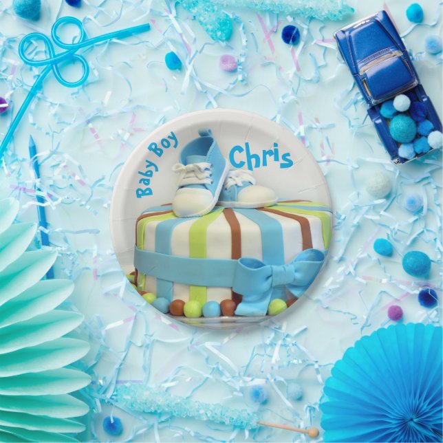 Paper Plate 7" Baby Boys Cake Blue Shoes Party (Party)