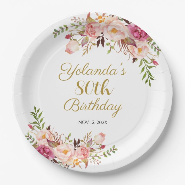 Paper Plate Adult 80th Birthday, Elegant Floral (Front)