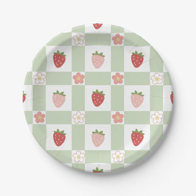 Paper Plate Cute Strawberry Gingham Pastel Green (Front)