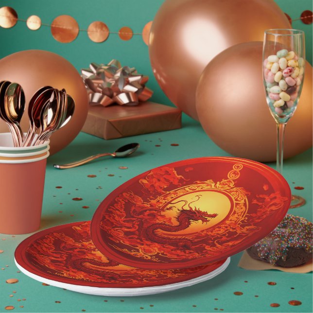 paper plate red colour with dragons design (Multi)