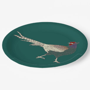 Paper plate vintage retro Pheasant bird turquoise