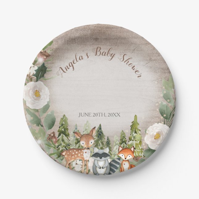 Paper Plate Winter Woodland Animals White Floral (Front)