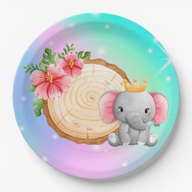 Paper plate with a baby elephant wearing a crown (Front)