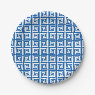 Paper plate with blue & white Greek Key design
