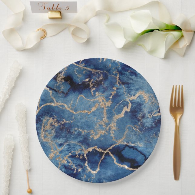 Paper Plates 22,9 cm - Blue & Gold Pattern (Wedding)