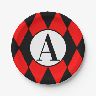Paper Plates 7" RED & BLACK HARLEQUIN & MONOGRAM