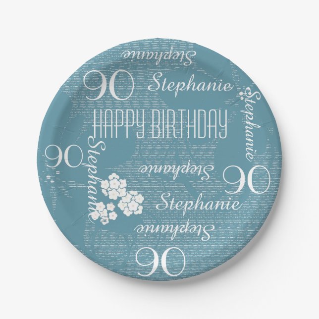 Paper Plates, 90th Birthday Party Blue Floral Paper Plate (Front)