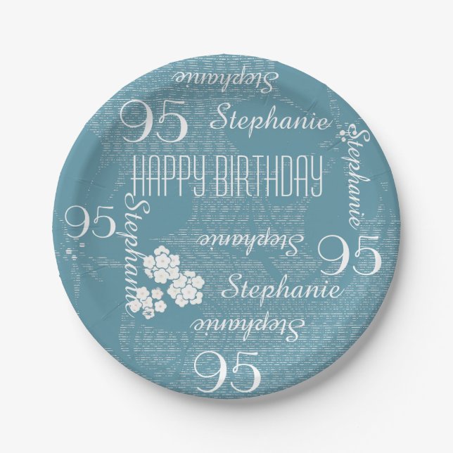 Paper Plates, 95th Birthday Party Blue Floral Paper Plate (Front)