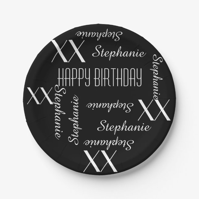 Paper Plates Adult Birthday Black Repeating Names (Front)