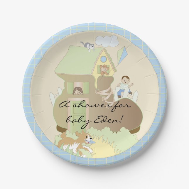 Paper Plates Baby Shower "Blue Build-a-Library" (Front)