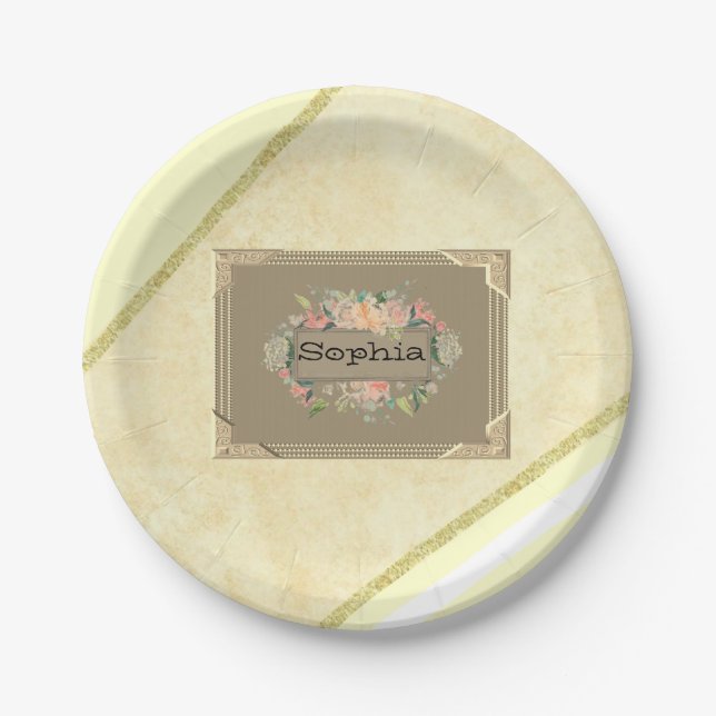 Paper Plates, Beige Gold Stripe Floral Monogram Paper Plate (Front)