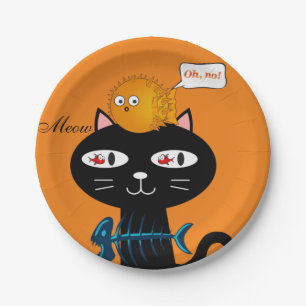 Paper Plates, Black Cat Fish Bones Orange Meow Paper Plate