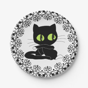 Paper Plates, Black Floral Black Cat Paper Plate