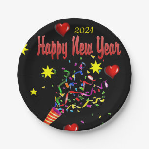 Paper Plates, Black Happy New Year 2021 Paper Plate