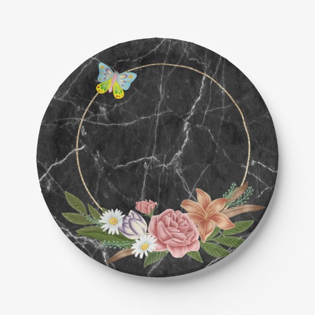 Paper Plates, Black Marble ButterflyFloral Flowers Paper Plate (Front)