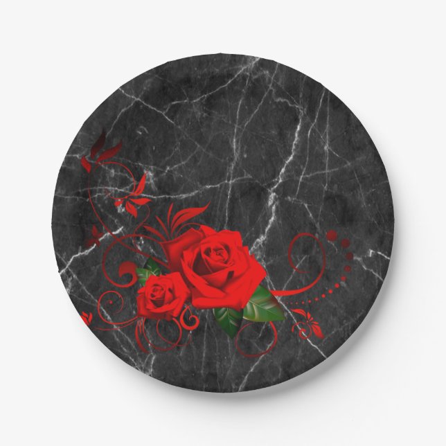 Paper Plates, Black Marble Red Rose Floral Plate (Front)