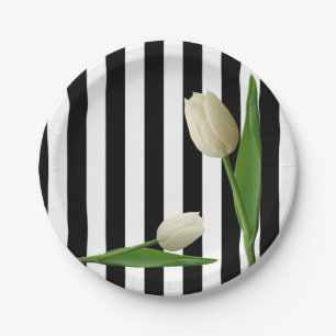 Paper Plates, Black & White Stripe Tulip  Floral Paper Plate