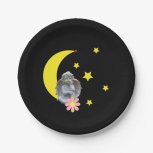 Paper Plates, Black Yellow Moon Stars Angel Floral Paper Plate