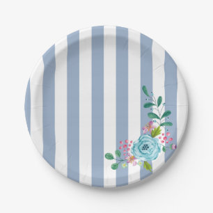 Paper Plates, Blue Stripe Blue Floral Flowers Plate