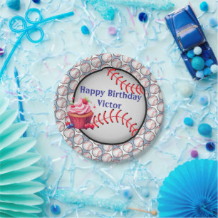 Paper Plates, Blue White Stripe Birthday Baseball Plate