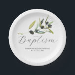 Paper Plates Botanical Olive Branch Greenery<br><div class="desc">These baptism paper plates feature a watercolor olive branch in shades of green. The word "Baptism" appear in trendy modern script typography. Use the template fields to add your custom greeting, names and date. A botanical and elegant choice for rustic celebrations shower. Unique watercolor art and design by Victoria Grigaliunas...</div>