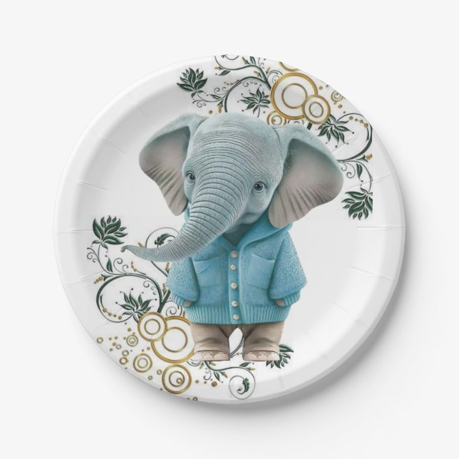 Paper Plates, Floral Blue Elephant  Paper Plate (Front)