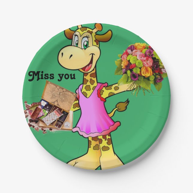 Paper Plates, Giraffe Floral Chocolate Miss you Plate (Front)
