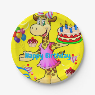 Paper Plates, Giraffe Happy Birthday Cake Yellow Paper Plate