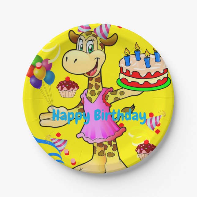 Paper Plates, Giraffe Happy Birthday Cake Yellow Paper Plate (Front)