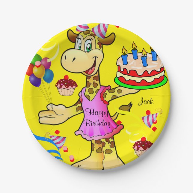 Paper Plates, Giraffe Yellow Happy Birthday Cake Plate (Front)