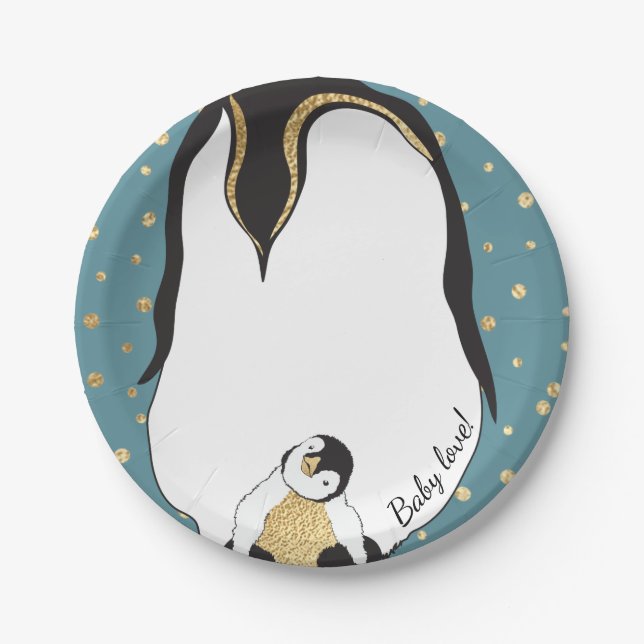 Paper Plates "Gold Baby & Mummy Penguins Blue" (Front)