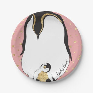 Paper Plates "Gold Baby & Mummy Penguins Pink"