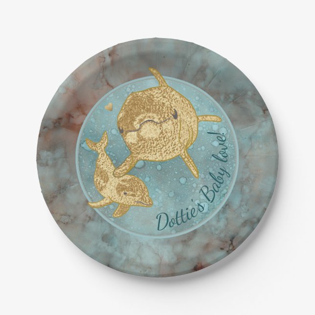 Paper Plates "Gold Dolphin Baby & Mummy" (Front)