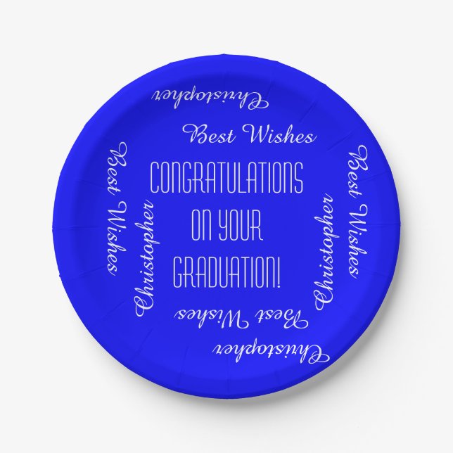 Paper Plates, Graduation Party Names, Blue White Paper Plate (Front)