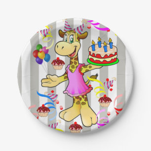 Paper Plates, Grey & White Stripe Giraffe Birthday Plate