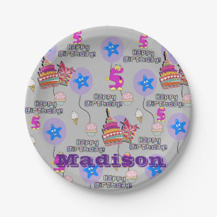 Paper Plates, Happy 5th Birthday #5 Balloons Grey Plate