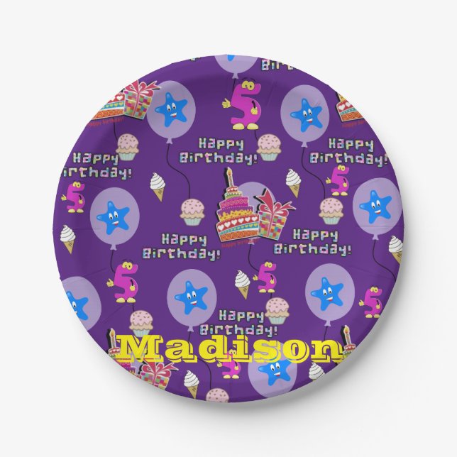 Paper Plates, Happy 5th Birthday #5 Balloons Paper Plate (Front)