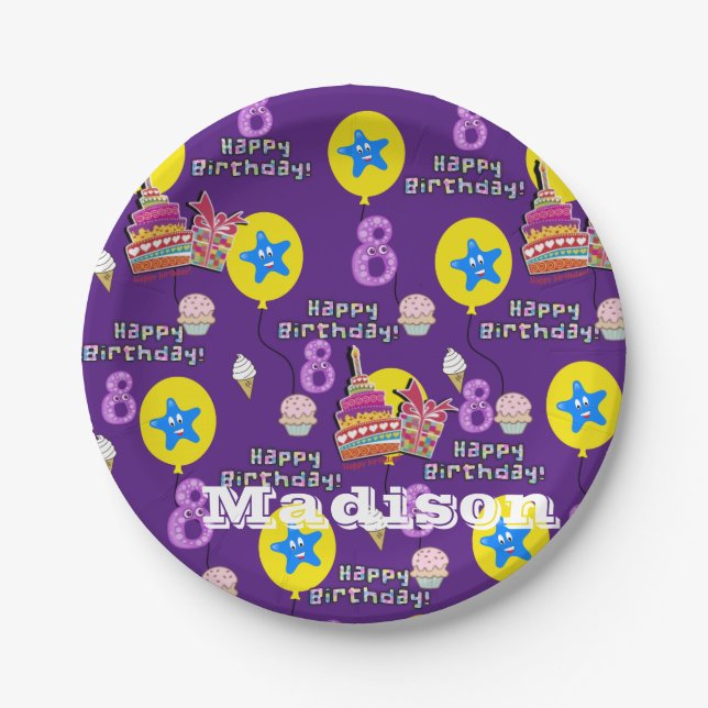 Paper Plates, Happy 8th Birthday #8 Balloons Paper Plate (Front)