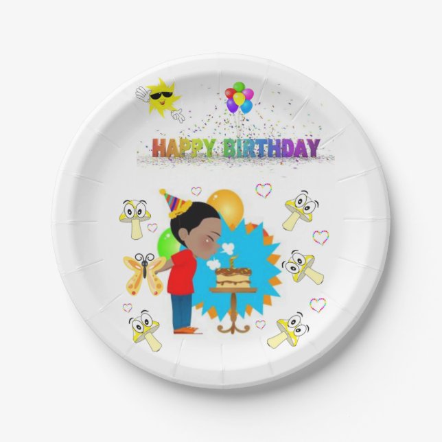 Paper Plates, Happy Birthday African Boy Mushrooms Paper Plate (Front)