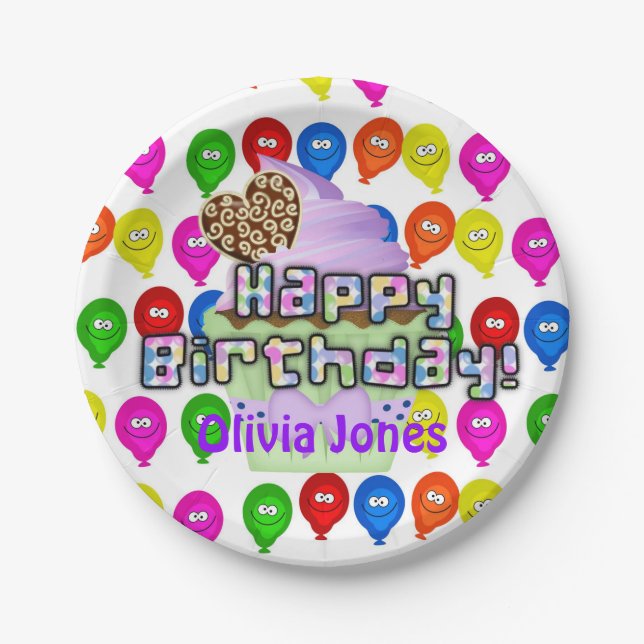 Paper Plates, Happy Birthday Balloons Cupcakes Paper Plate (Front)