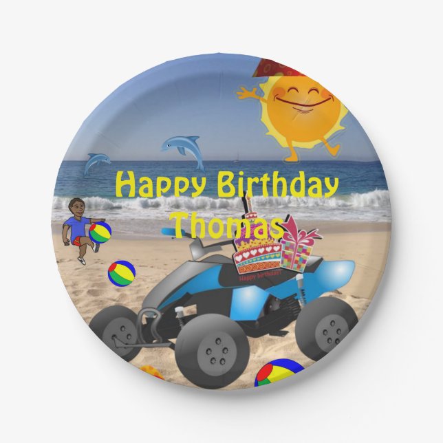 Paper Plates, Happy Birthday Beach Bum African Boy Paper Plate (Front)