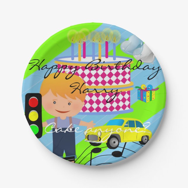 Paper Plates, Happy Birthday Boy Cake Car Plate (Front)