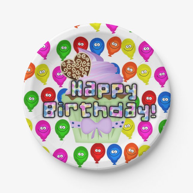 Paper Plates, Happy Birthday Cupcake Balloons Plate (Front)