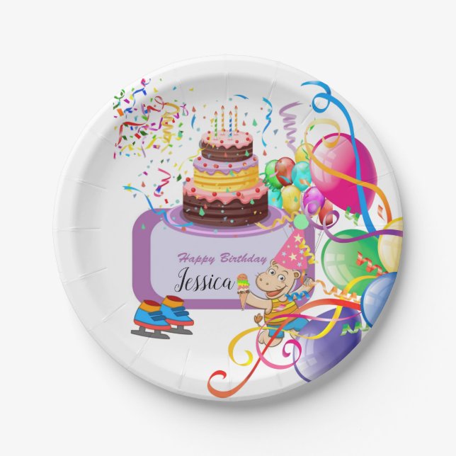 Paper Plates, Happy Birthday Hippopotamus Balloons Paper Plate (Front)