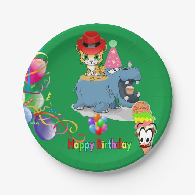 Paper Plates, Happy Birthday Hippopotamus Kitten Paper Plate (Front)