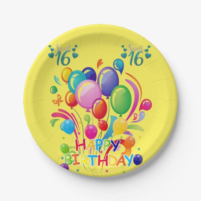 Paper Plates, Happy Birthday Paper Plates Sweet 16 (Front)